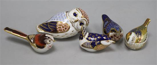 A collection of Crown Derby birds and an owl